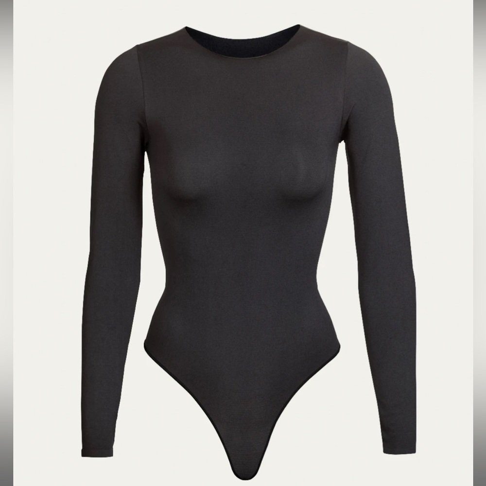 Skims black Essential Smoothing Long-Sleeve Thong Bodysuit